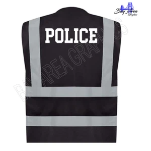 POLICE Black Safety Vest Hi-Visibility White Design 2"Strips REFLECT w/pockets - Picture 1 of 8