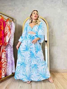 New- Blue Maxi Dress Sz One Size S-M Leaf Printed Design - Picture 1 of 9