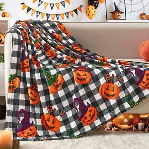 Halloween Blanket Black Buffalo Plaid Fall Pumpkin Throw Blanket for Couch So... - Picture 1 of 8