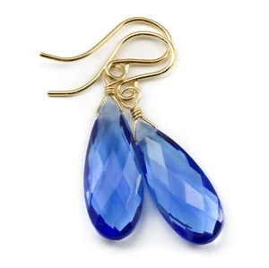 14k Gold Sapphire Blue Simulated Earrings Facet Sterling Silver Teardrops Drops - Picture 1 of 4
