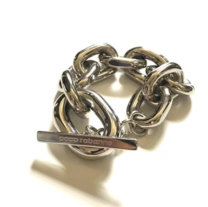 Paco Rabanne Silver Tone Chain Link Bracelet Womens Toggle Logo Engraved Brass - Picture 1 of 10