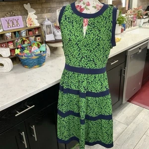 Michael Michael Kors Size Medium Dress Tiered Green Blue Navy Leaf Print A Line - Picture 1 of 16