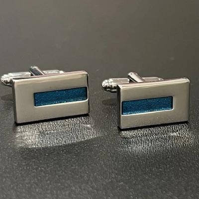 Blue Color Stripe Rectangle Cufflinks For Men Birthday Father’s Day Gift In Box - Image 1 of 4