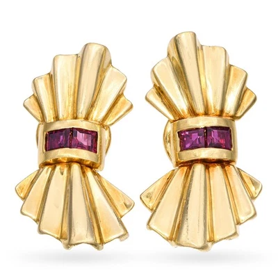 Vintage Retro 18k Yellow Gold Ruby Bow Clip on Earrings - Image 1 of 4