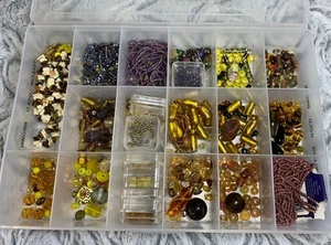 Large Bead Lot Mix For Jewelry In Box Yellow Gold Etc Stone Glass Vintage & New - Picture 1 of 22