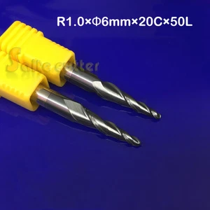 2 piezas 6 mm R1*D6*20*50L 2 flautas HRC55 bola cónica molino nariz extremo molino CNC brocas de enrutador herramienta - Imagen 1 de 1