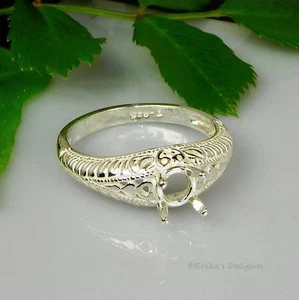 (4mm - 7mm) ROUND Engraved Shank Sterling Silver Pre-Notched RING Setting - Picture 1 of 3