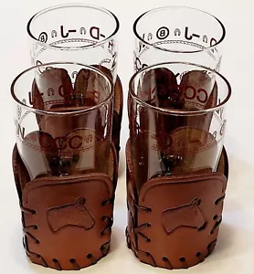 4 Libbey Bamco Western Cowboy Longhorn Tooled Leather Glasses 5" Tall Mint - Picture 1 of 24