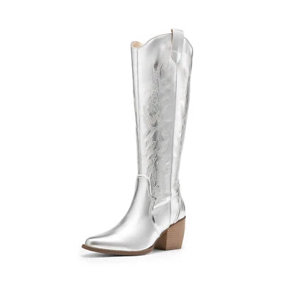 女士低粗跟尖头及膝靴牛仔西部靴 — 第 1/4 张图片