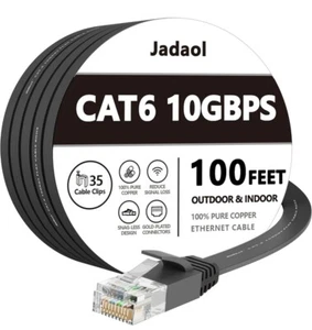 CAT6 Ethernet Cable 100ft Flat LAN Patch Cord Fast Speed Weatherproof 10Gbps - Picture 1 of 9