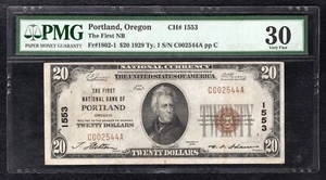 1929 $20 FIRST NB OF PORTLAND, OR NATIONAL CURRENCY CH. #1553 PMG VERY FINE-30 - Picture 1 of 2