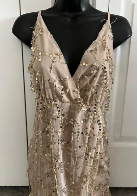 Vestido de lantejoulas 1920's Look champanhe M zíper costas alças ajustáveis sexy - Imagem 1 de 4