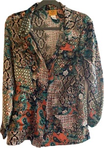 Damen Größe Petite Med Druckknopf Jacke Boho Paisley Satin Shacket künstlerisch - Bild 1 von 8