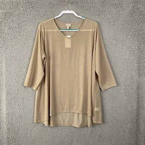 Logo Lori Goldstein Top Women 1X Beige 3/4 Tunic Hi Low Hem Sheer Mesh Pointelle - Picture 1 of 12