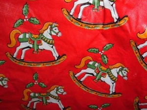 Christmas TREE SKIRT or Childs TABLECLOTH VINYL Red ROCKING HORSES 38" Rnd.NOS - Picture 1 of 4