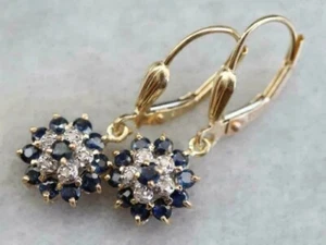2Ct Round Cut Lab-Created Sapphire Flower Dangle Earrings 14K Yellow Gold Plated - Picture 1 of 8