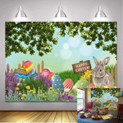 Happy Easter Spring Garden Bunny Backdrop Easter Party Eggs Flowers Decoration - Image 1 of 4
