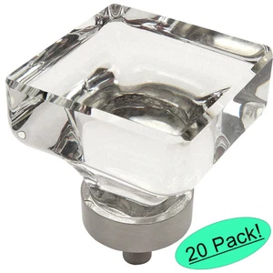 *20 Pack* Cosmas Satin Nickel & Clear Glass Square Cabinet Knobs #6377SN-C - Picture 1 of 1