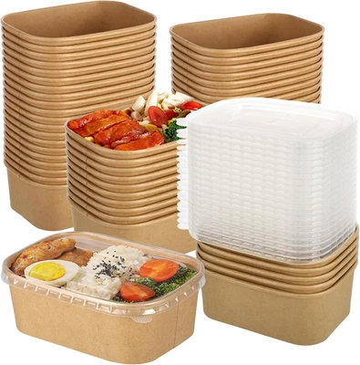 50 Pack 25Oz Disposable Kraft Paper Bowls with Lids, Rectangle Meal Prep Contain - Image 1 of 4