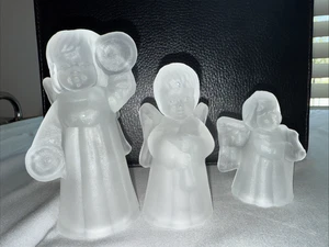 Christmas Angels With Instrument Frosted Glass Tapered Candle Holders Vintage - Picture 1 of 8