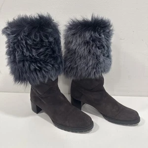 Stuart Weitzman U12824 Blizzard Black Suede Shearling Fur Cuff Winter Boots 9N - Picture 1 of 8