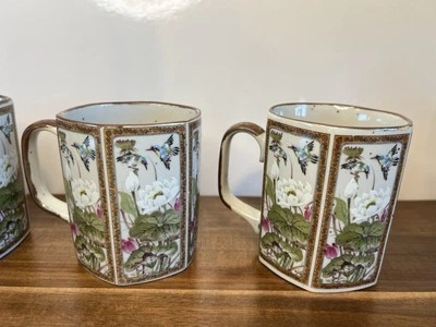 Japan Hexagon Mugs Set 4 Ceramic Floral Whimsical Cottagecore Made In Japan RARE Foto 1 de 4