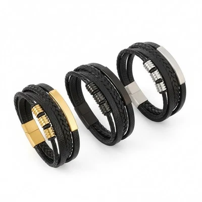 Men’s Leather Bracelet Braided Wristband Magnetic Buckle – Black Silver Gold - Image 1 of 4