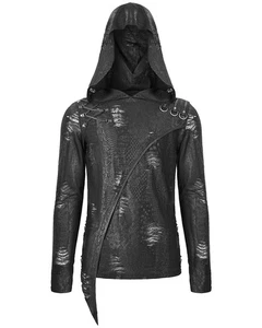 Devil Fashion Mens Apocalyptic Gothic Punk Asymmetric Hooded Top Black Shredded - Picture 1 of 11
