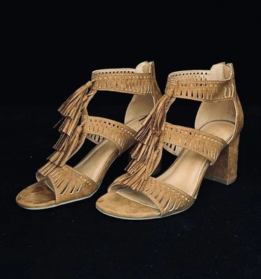 RAMPAGE Rubí 3” Sandalia Tacón Grueso Marrón con Recortes y Borlas - Talla 9.5 M Foto 1 de 4