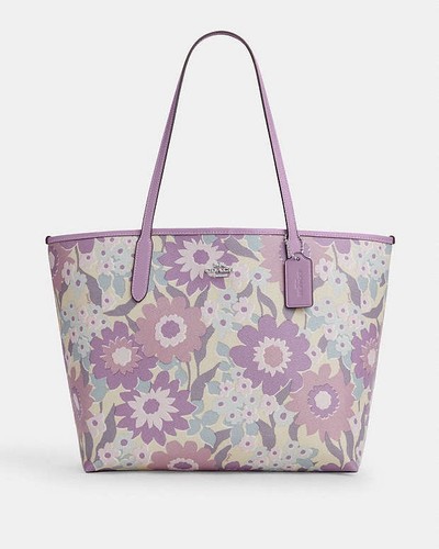 Borsa Coach City nuova con etichetta con stampa floreale CBG78 avorio viola multi