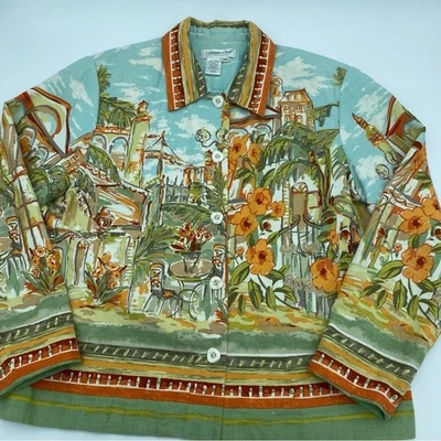 Chaqueta Coldwater Creek Mezcla de Lino Peso Ligero Pequeña Mediana Aqua Naranja Verde Foto 1 de 4