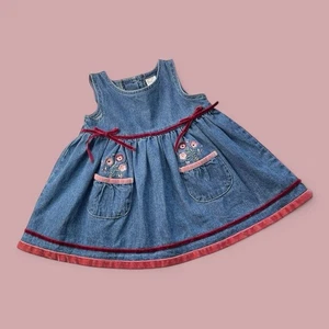 Starting Out Baby Girls Denim Jumper Dress 12M Embroidered Pockets Velvet Trim - Picture 1 of 7