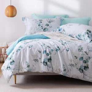 100% Long-Staple Cotton Duvet Cover Set Baby Blue Teal Gradient Leaf Pattern ... - Picture 1 of 7