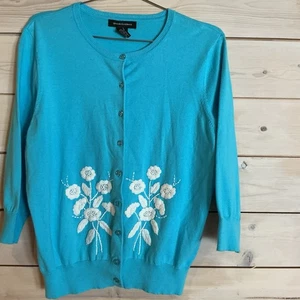 Goodclothes XL Ladies Turquoise Cardigan Embroidered Flower Cottage Core Grandma - Picture 1 of 5