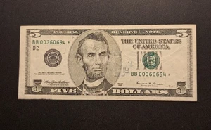 1999 $5 Federal Reserve Note- Star/Low Serial Number - BB 00360694 * -c6788ccx - Picture 1 of 2