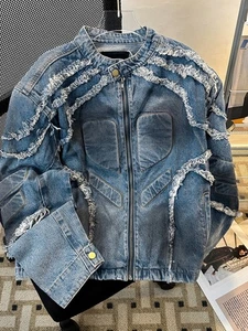Giacca denim con frange in rilievo uomo vintage bella giacca moto sciolta - Foto 1 di 20