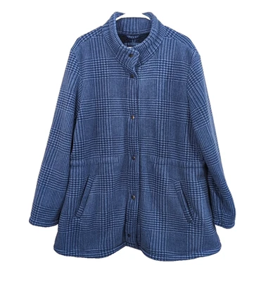 Women's Fleece Jacket 1X Sherpa Lined Blue Plaid Snap Front Drawstring Waist - Image 1 of 4