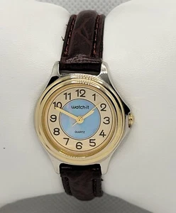Ladies Watch-It Silver Gold Tone Blue Gold Dial Brown Leather Analog Watch G3 - Picture 1 of 9