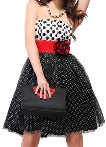 EP Women's Removable Straps Red Flower Black Polka Dot Flirty Party Dress, 16 - Picture 1 of 2
