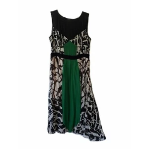 Maxi Vestido BCBGMAXAZRIA Estampado Verde Transparente Barco Imperio Plisado A Midi L Grande - Imagen 1 de 18