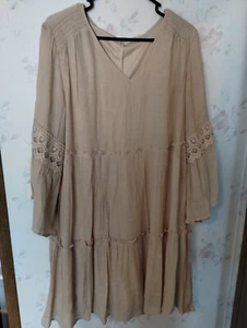 Just Found Juniors Lined Dress 2x Beige Crochet Lace Trim 3/4 Sleeves & Necklace - Picture 1 of 8