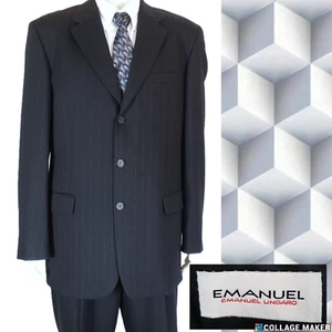 EMANUEL ENGARO~MINT!!~BLACK PNSTRP MENS 42L WOOL CAREER SUIT PLEATED PANTS 36X33 - Picture 1 of 15