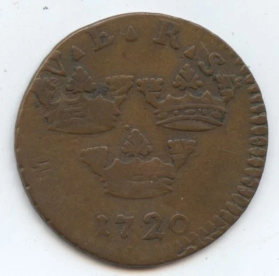 Sweden 1720 1 Ore (#1257) Clearly Struck over Another Coin. - Image 1 of 2