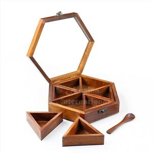 Nagina International Hexagonal Rosewood Wooden Storage Spice Box Decor, Brown