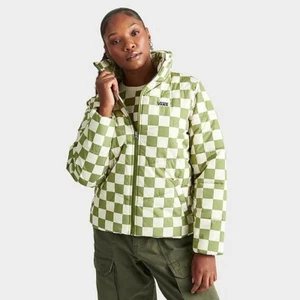 Vans Foundry Checkerboard Print Womens Puffer Jacket Green Olive L NWT $110 - Picture 1 of 6