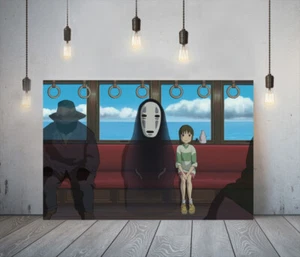 GHIBLI NO FACE & CHIHIRO -FRAMED CANVAS WALL ART ANIME PICTURE PAPER PRINT- BLUE - Picture 1 of 17