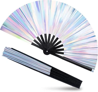 JOHOUSE Large Folding Fan, 13 Inch Glitter Rave Hand Fan Holographic White  - Image 1 of 3