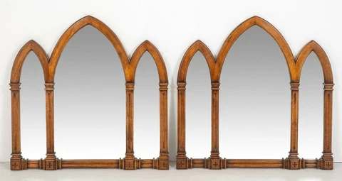 Pair Gothic Mirrors Oak Overmantle Antique Cover