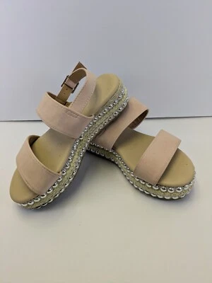  Sandalias doradas tacón plano correa al tobillo talla 13 niñas pequeñas rosa con tachuelas plateadas Foto 1 de 4