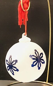 Vintage Gorham Frosted Glass Christmas Ornament Ball Blue Snowflake Red Tassel - Picture 1 of 6